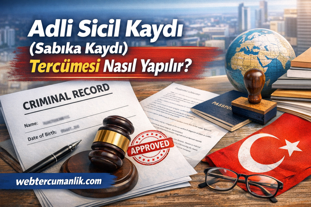 Başlık: Adli Sicil Kaydı ve çeviri nasıl yapılır?; gavel, onay damgası ve belgelerin bulunduğu masaüstü görseliyle desteklenen infografik tarzı haber görseli.