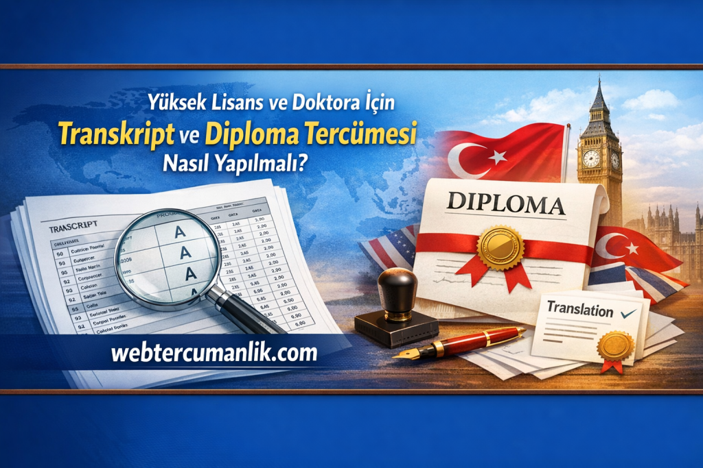 Informational banner about translating transcripts and diplomas for graduate studies, showing a diploma, transcript under a magnifying glass, and Turkish flag imagery in the background.